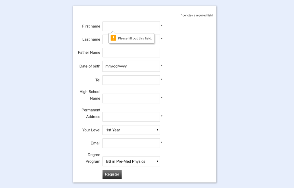Student Registration Form in HTML with Validation