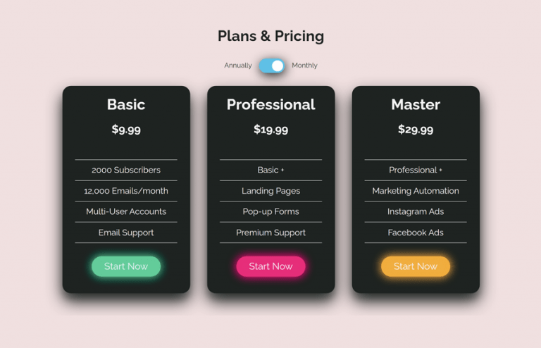 Pricing Table with CSS Switch Toggle